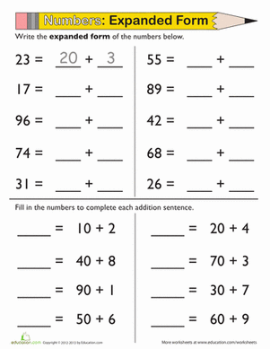 Expanded Form worksheet for first graders focusing on double digit numbers and place value concepts. Educational resource image for teaching expanded form in geometry.