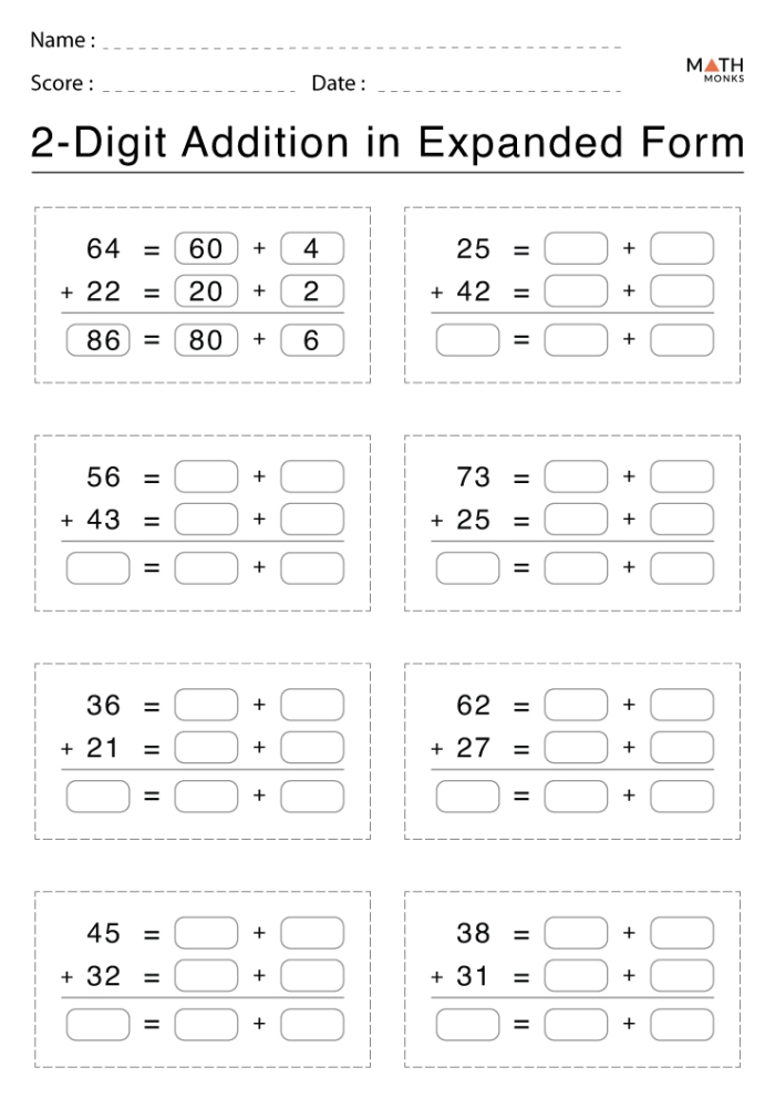 Expanded form worksheet for double-digit numbers focusing on place value for first graders