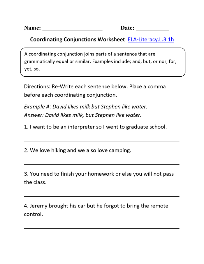 Worksheet showing students expanding sentences using coordinating conjunctions