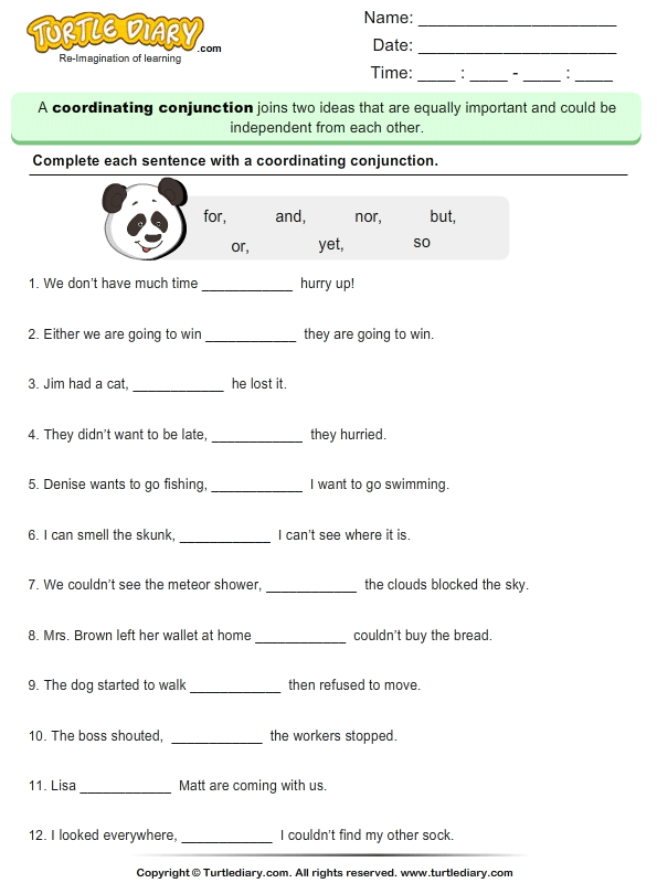 Worksheet for expanding sentences using coordinating conjunctions for third graders