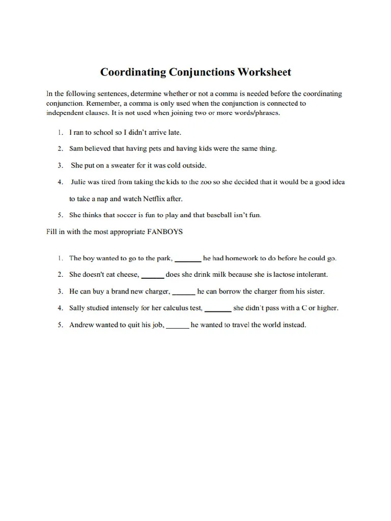 Worksheet for expanding sentences using coordinating conjunctions in grammar practice