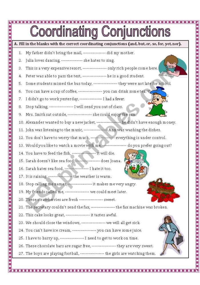 Worksheet for expanding simple sentences using coordinating conjunctions