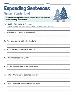 Expanding Sentences worksheet showing example of adding complex sentence elements for vocabulary practice Third grade students practicing expanding simple sentences with subordinating conjunctions on a worksheet activity