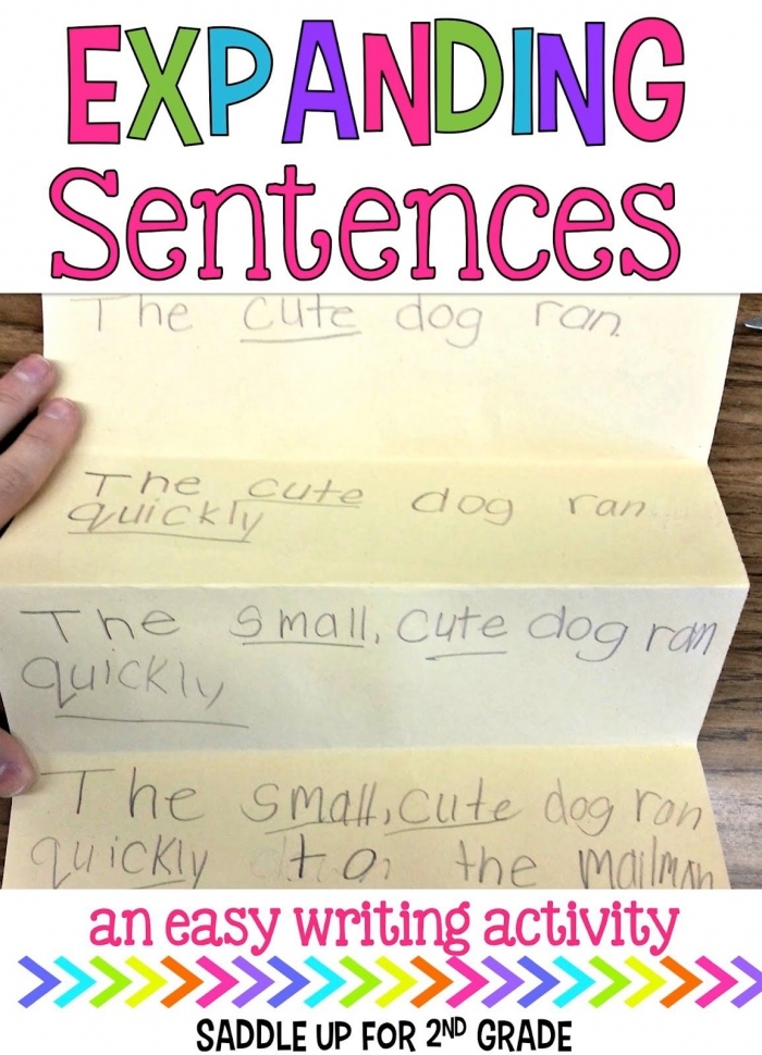 Expanding Sentences worksheet example 13 demonstrating how to add subordinating conjunctions to make sentences more detailed and interesting. A third grade student worksheet showing examples of simple sentences being expanded with subordinating conjunctions like because, when, and if to create more complex sentences.