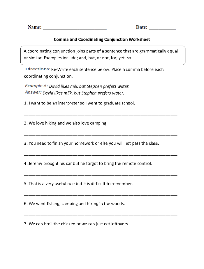 Worksheet for expanding sentences using coordinating conjunctions for third graders