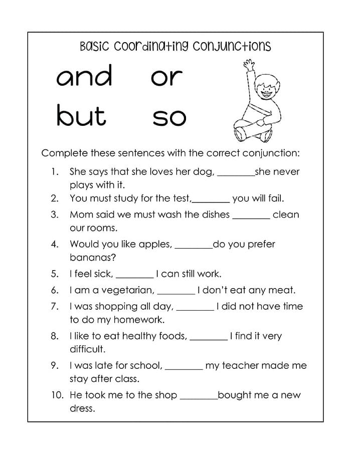 Worksheet for expanding sentences using coordinating conjunctions for third graders