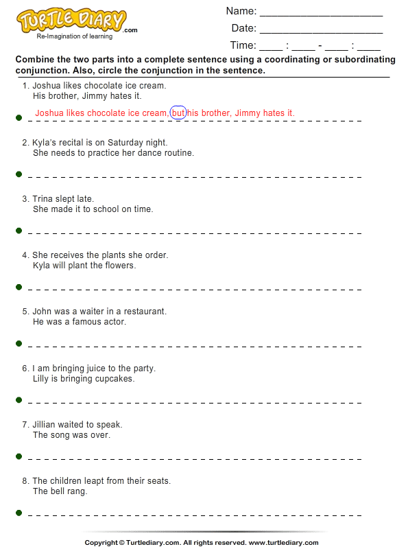 Worksheet for expanding sentences using coordinating conjunctions for third graders