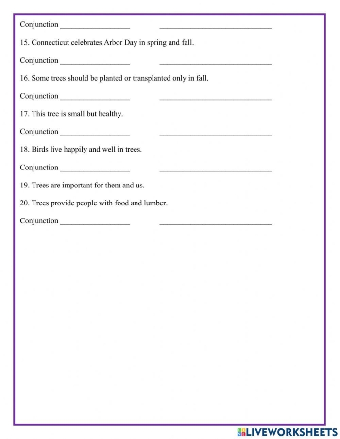 Worksheet for expanding sentences using coordinating conjunctions for third graders