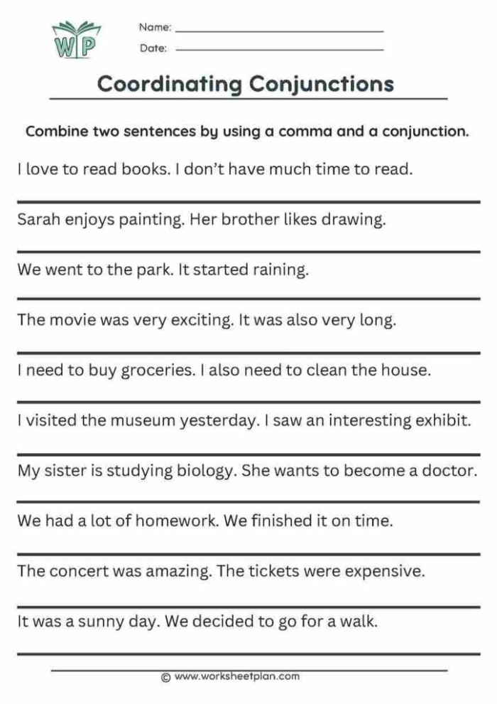 Worksheet featuring exercises on expanding sentences with coordinating conjunctions for third graders