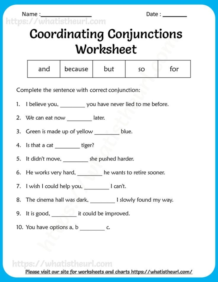 Worksheet for expanding sentences using coordinating conjunctions for third graders