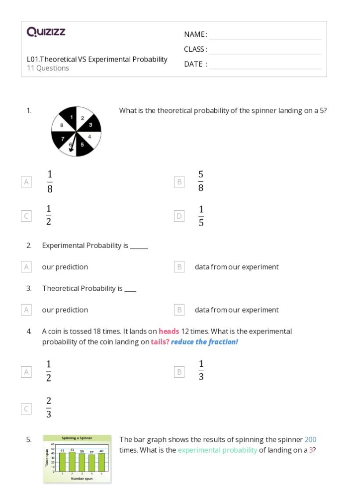 Worksheet on experimental probability for seventh-grade physical science students Seventh-grade experimental probability worksheet featuring real-world word problems