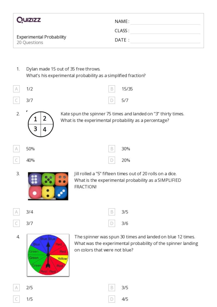 Experimental Probability Worksheet Number 10 for Seventh Grade Math Seventh grade physical science student calculating experimental probability using real-world word problems