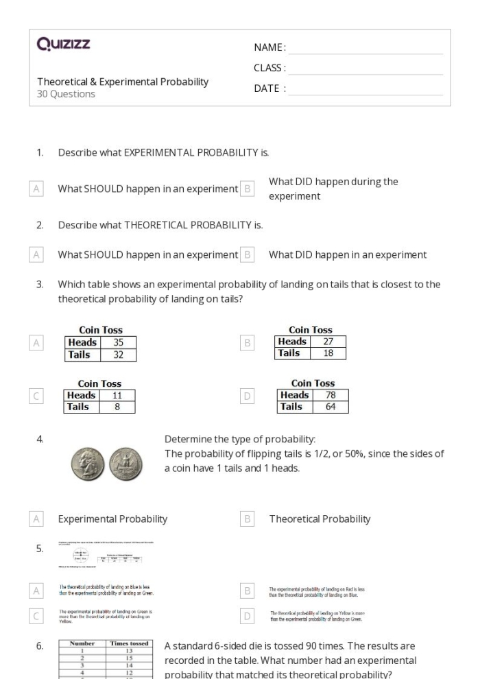 Worksheet designed to help students understand experimental probability concepts Seventh-grade math worksheet focusing on experimental probability models