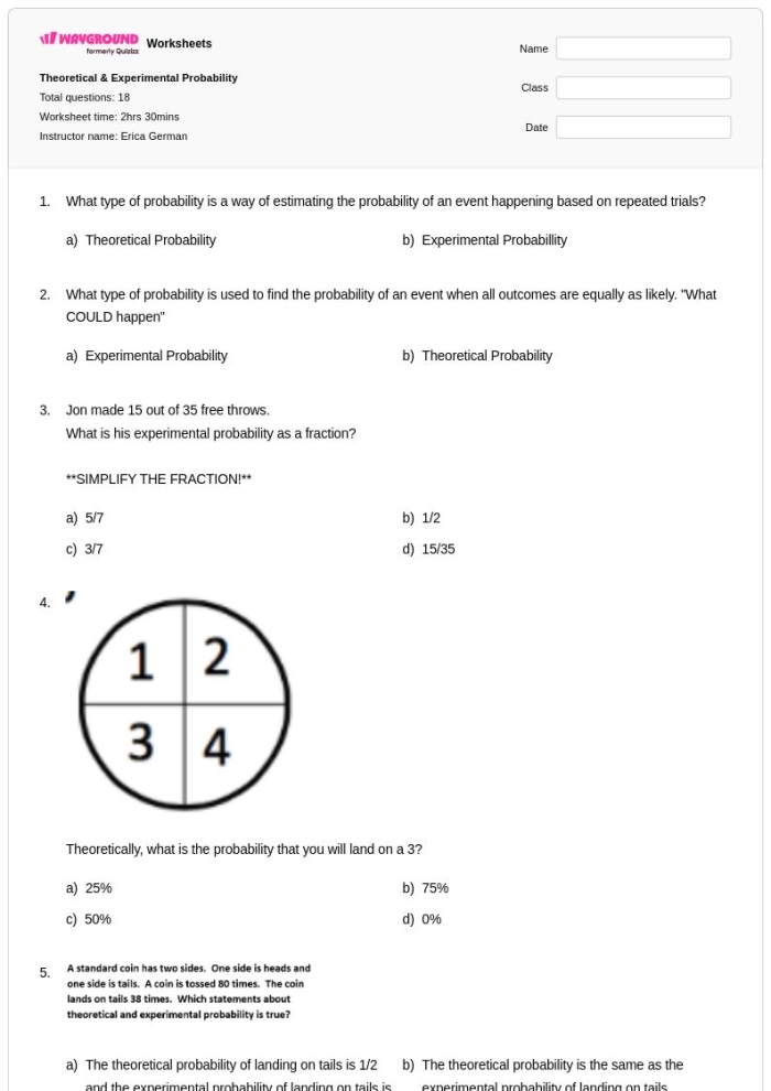Interactive math worksheet for learning experimental probability concepts Seventh-grade worksheet on experimental probability featuring real-world word problems