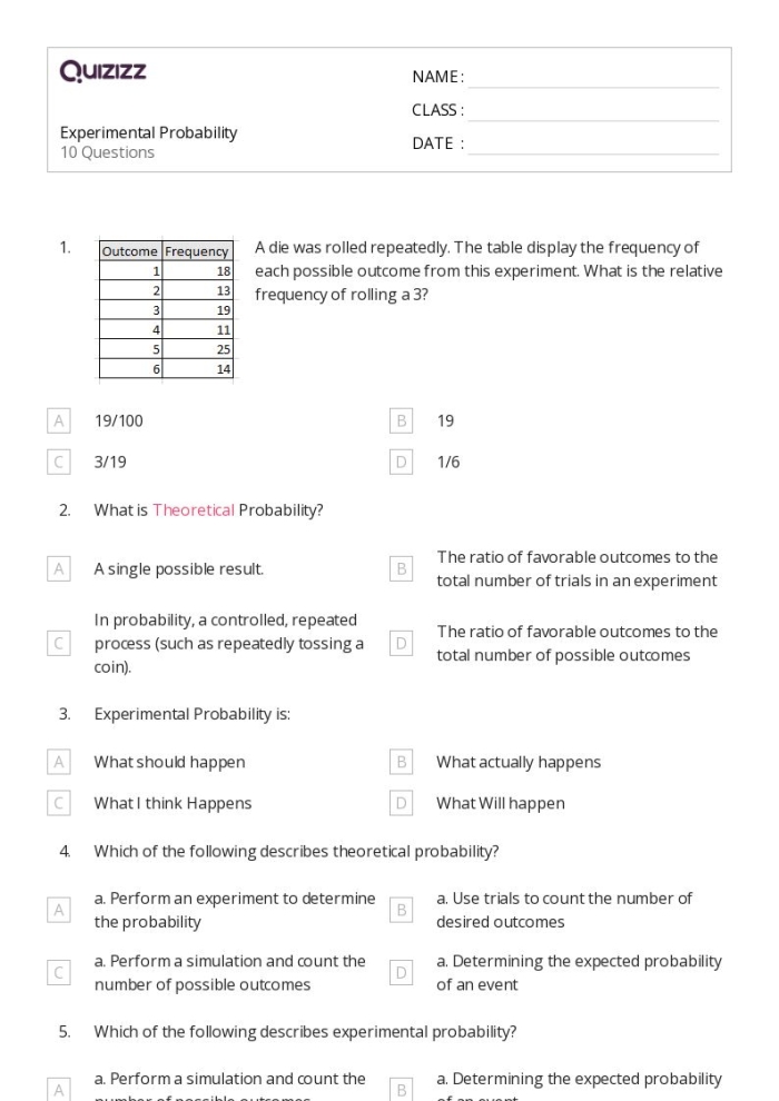 Experimental Probability Practice Worksheet for Grade 7 Science Students Seventh grade math worksheet focusing on solving real-world experimental probability word problems