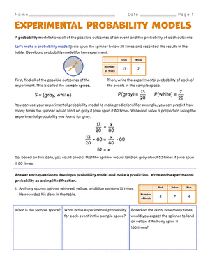 Experimental Probability Models Worksheet for Seventh Grade Math Lesson 24 Seventh grade student worksheet focusing on calculating outcomes using experimental probability models