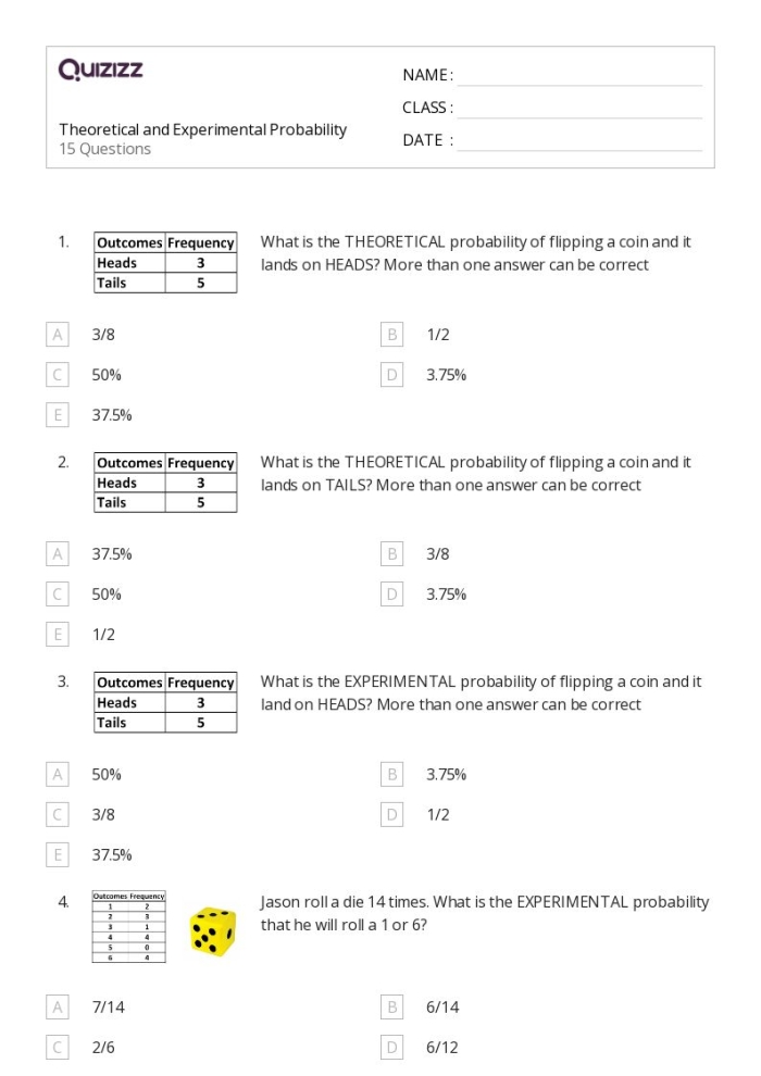 Worksheet image for exploring experimental probability concepts in physical science Seventh-grade worksheet on experimental probability featuring real-world word problems