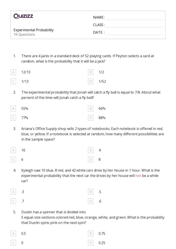 Worksheet image focusing on finding experimental probabilities for seventh-grade students Seventh-grade experimental probability worksheet featuring engaging real-world word problems