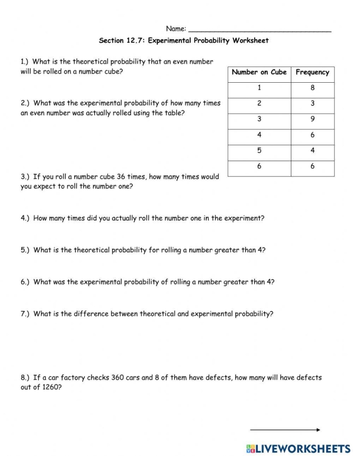 Seventh grade math worksheet on making predictions using experimental probability