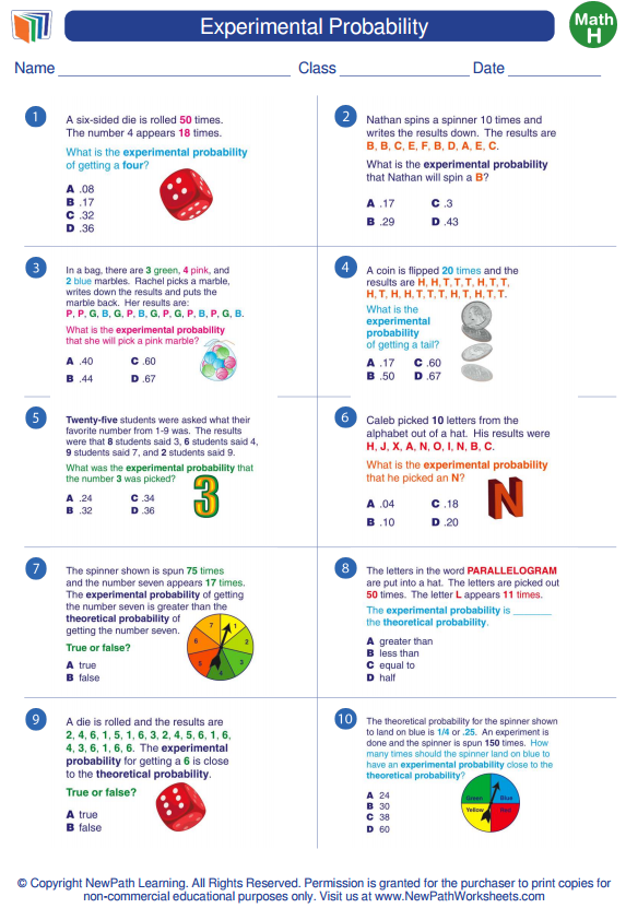 Visual representation of an experimental probability worksheet aimed at seventh-grade students Seventh-grade worksheet focusing on experimental probability through real-world word problems