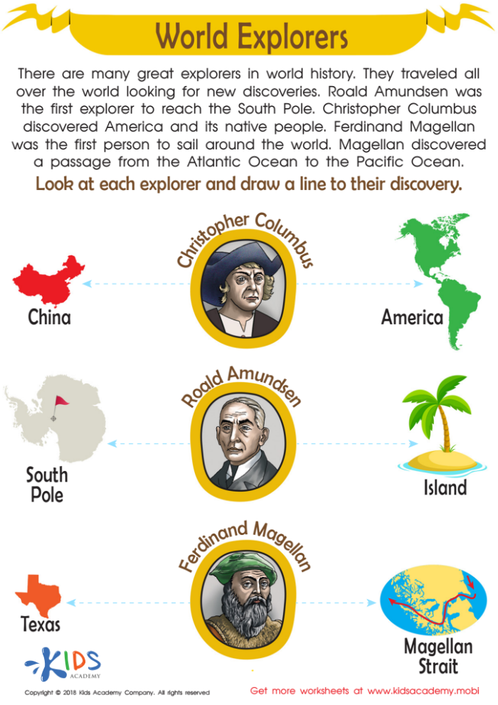 Sixth grade history worksheet about famous explorers from the Age of European Exploration