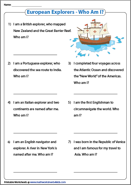 Sixth grade students identifying historical figures on an Age of European Exploration worksheet