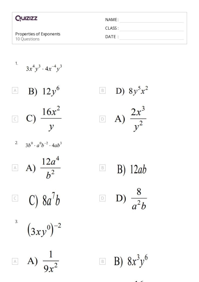 Eighth grade math worksheet showing properties of exponents rules and examples for multiplication