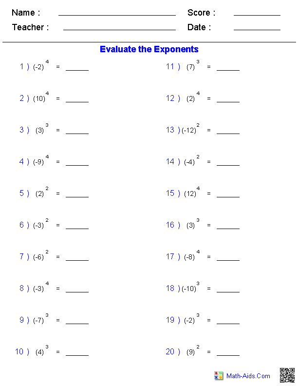 Eighth grade math students practicing simplifying expressions using exponent rules on a one-page worksheet