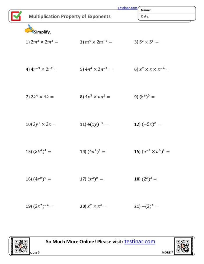 Eighth grade geometry worksheet featuring various math problems on simplifying expressions with exponents