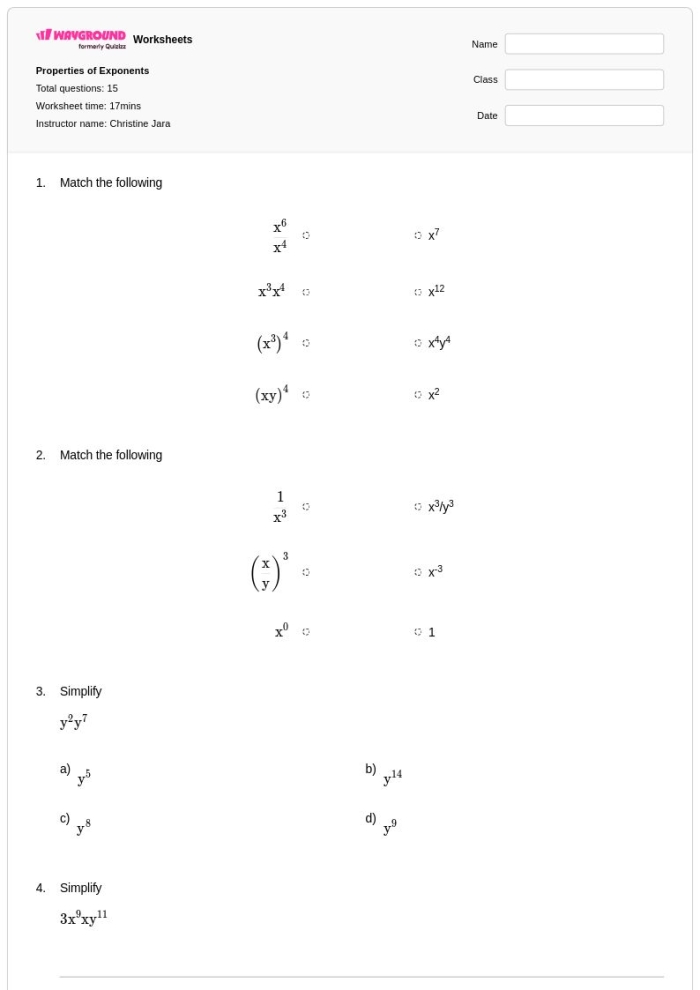 Eighth grade math handout featuring essential exponent multiplication rules for students