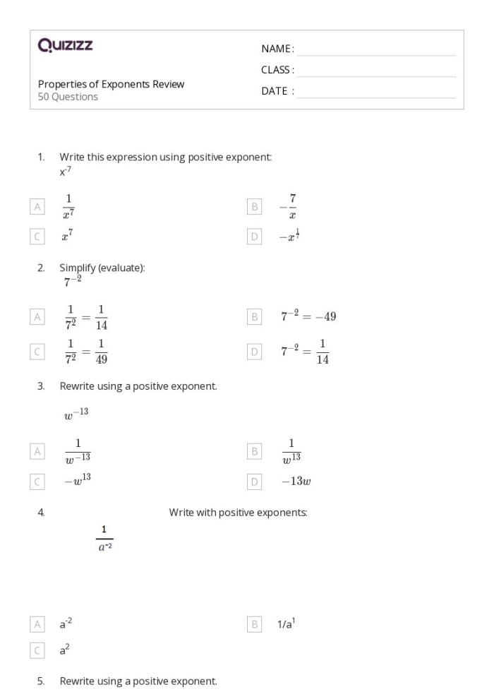 Eighth grade student studying exponent rules and multiplication properties on a math handout worksheet