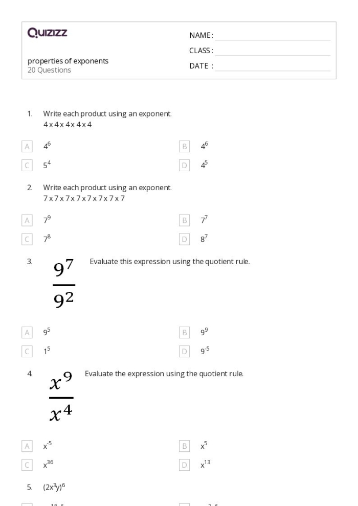 Eighth grade math worksheet showing properties of exponents rules and examples for multiplication problems
