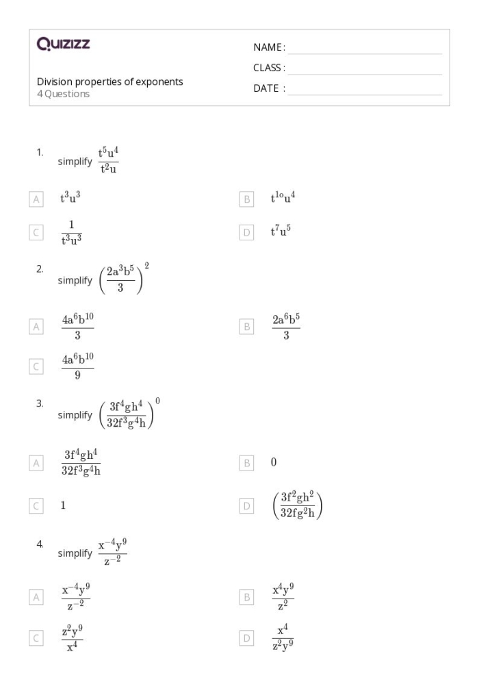Eighth grade math worksheet focusing on the application of integer exponent properties