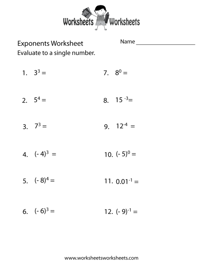 Eighth grade student working on a Properties of Exponents worksheet page