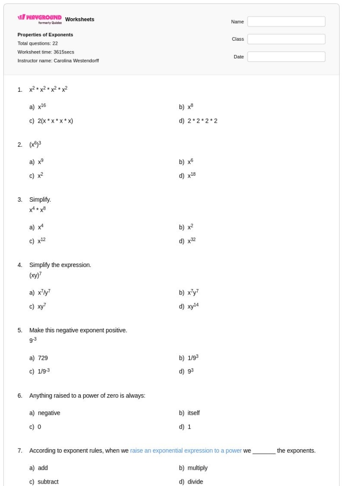 Eighth grade students solving algebraic problems using the properties of exponents on a printable practice sheet