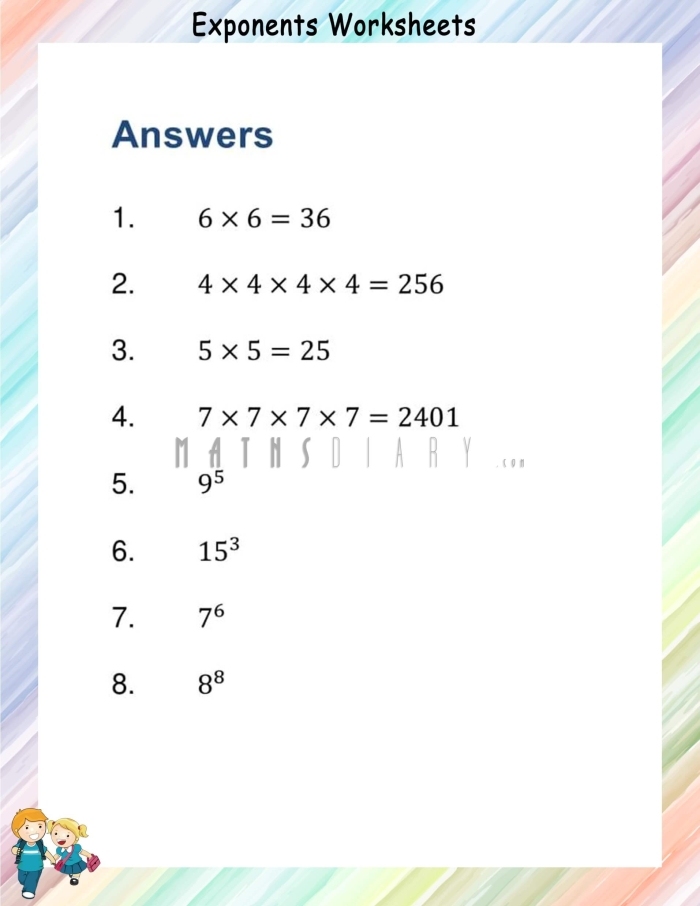Sixth grade math worksheet explaining exponent vocabulary and practice problems