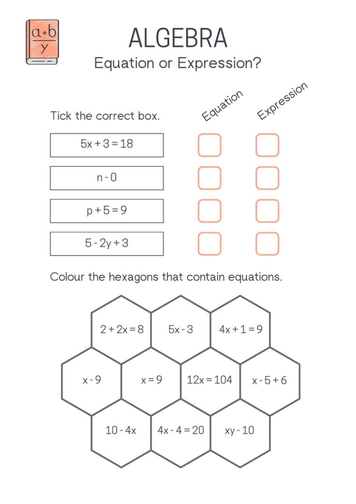 Comparing Mathematical Expressions and Equations Worksheet Number 10 Sixth grade algebra worksheet for practicing the difference between expressions and equations