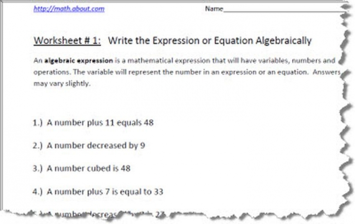 Algebra 8 worksheet distinguishing between mathematical expressions and equations Sixth grade math worksheet focused on identifying the difference between expressions and equations