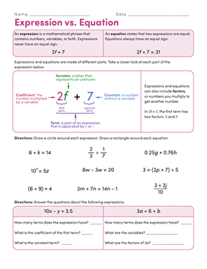 Expression vs Equation Worksheet for 6th Grade Algebra Practice 9 Sixth grade math worksheet focused on identifying the differences between an algebraic expression and an equation