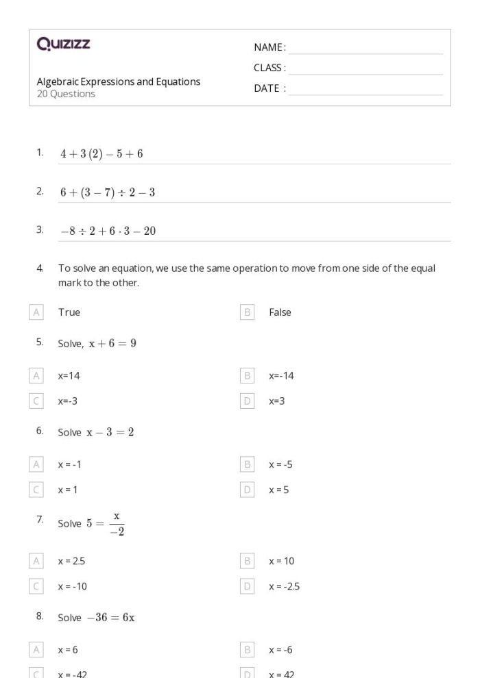 Expression vs. Equation Practice Problems for Middle School Algebra Learners Sixth grade student working through algebra problems comparing mathematical expressions and equations on a worksheet