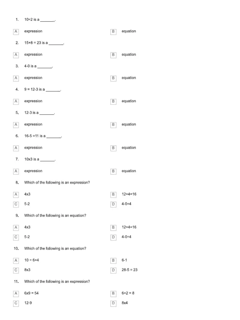 Expression vs Equation Practice Problems for Middle School Math Sixth grade algebra worksheet showing examples of mathematical expressions and equations side by side