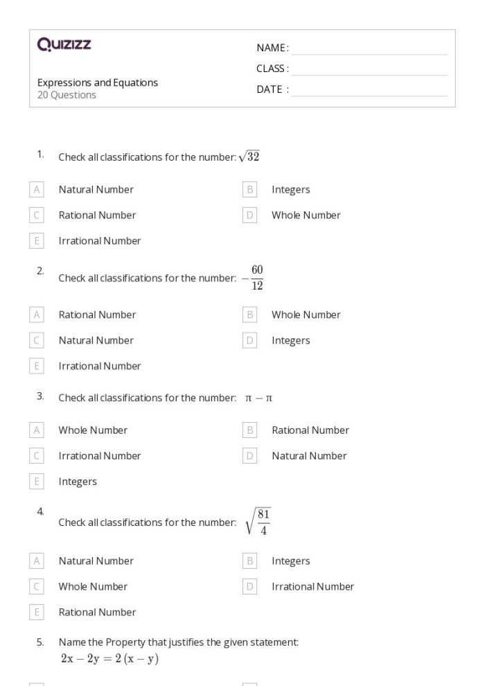 Expression vs. Equation Worksheet 22 for Middle School Algebra Practice Sixth grade algebra worksheet showing examples of mathematical expressions and equations with practice problems for differentiation