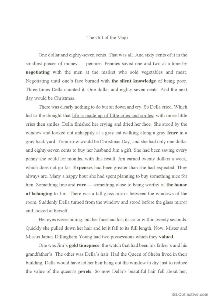 Worksheet for Extended Reading Comprehension on "The Gift of the Magi" for seventh graders