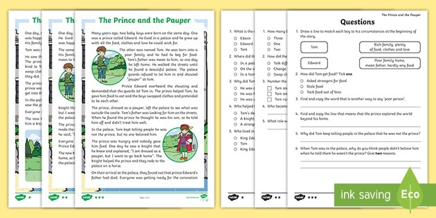 Excerpt from The Prince and the Pauper worksheet for seventh-grade civics students