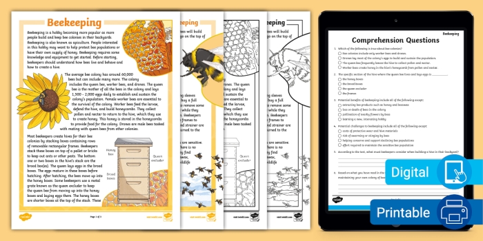 Fifth grade Earth and space science worksheet featuring a nonfiction reading passage about the importance of beekeeping