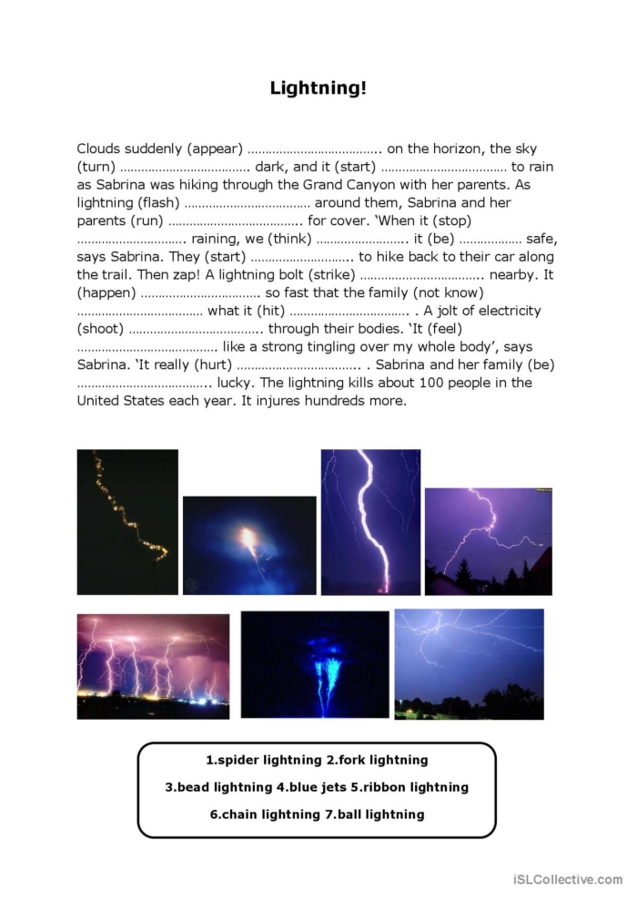 Worksheet featuring extended informational reading comprehension on unusual types of lightning