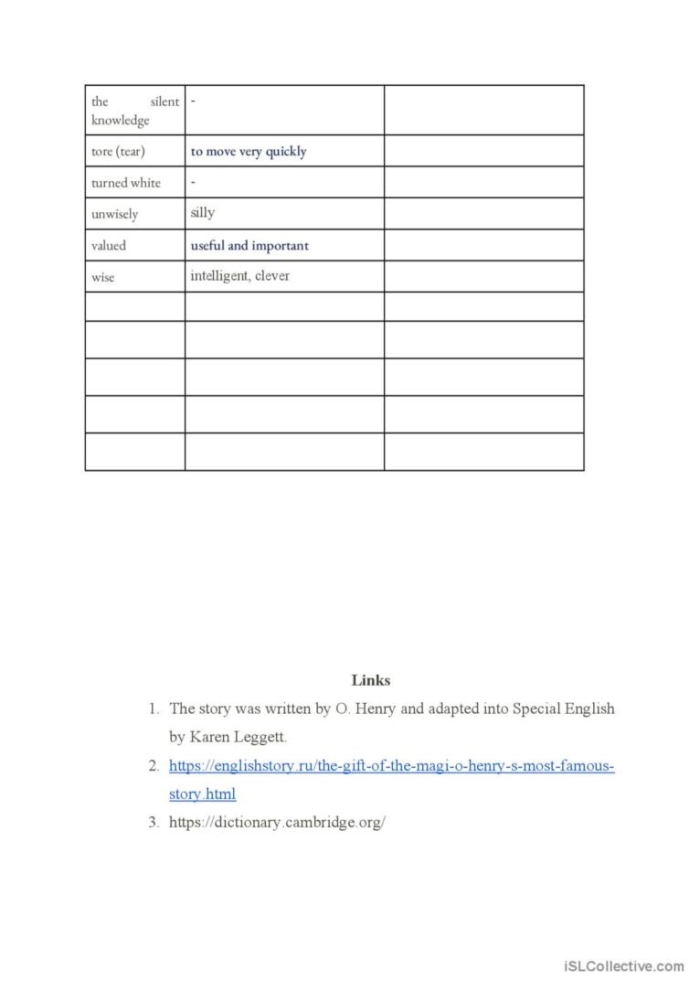 Worksheet featuring reading comprehension activities for "The Gift of the Magi" for seventh graders
