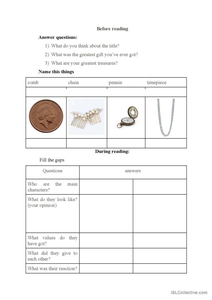 Worksheet for Extended Reading Comprehension focused on "The Gift of the Magi" for seventh graders