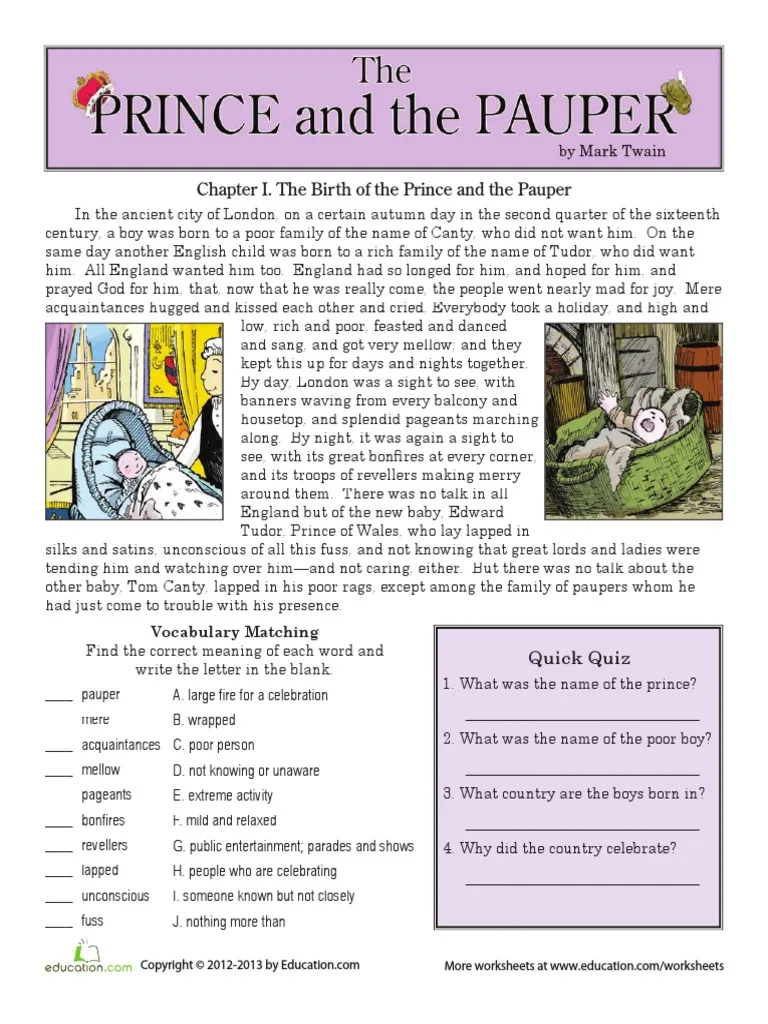 Adapted excerpt from The Prince and the Pauper for extended reading comprehension in seventh grade