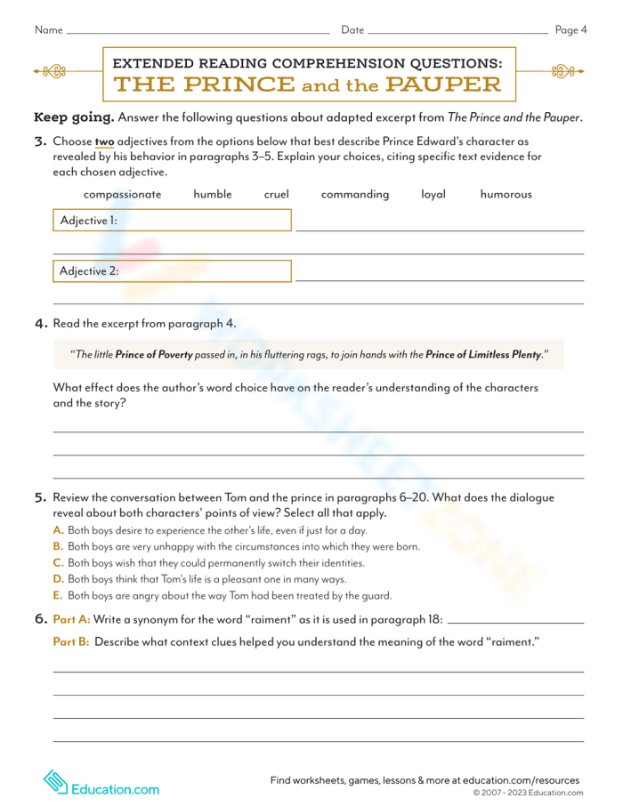 Excerpt from The Prince and the Pauper worksheet for seventh-grade students analyzing historical fiction